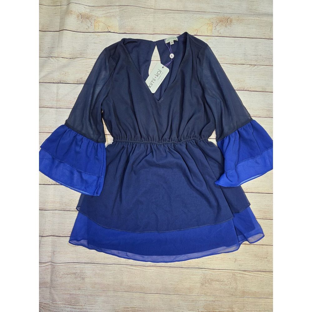 Kimi + Kai Maternity‎ Blouse Women's XS Blue Long Sleeve Floral Tunic Top